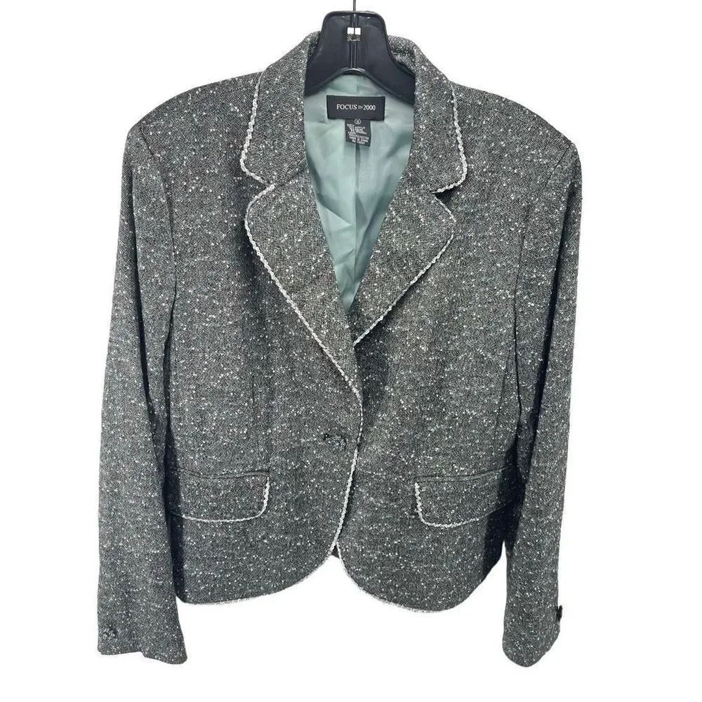 Focus 2000 Womens Blazer Jacket Long Sleeve Lined Sequins Single Button Gray 10